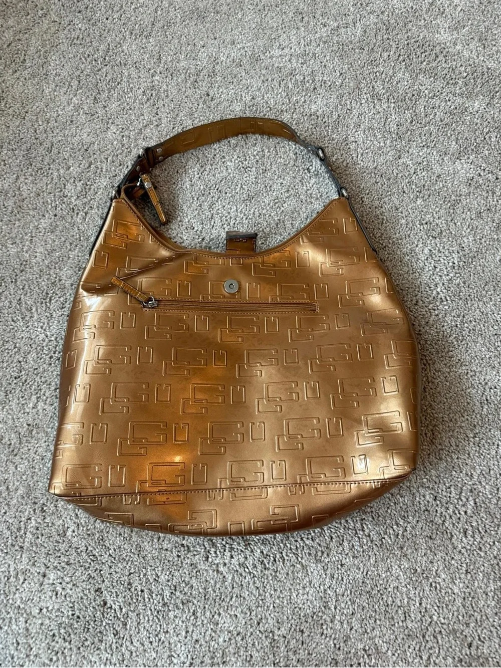 Metallic Copper Shoulder Bag with Buckle Accents